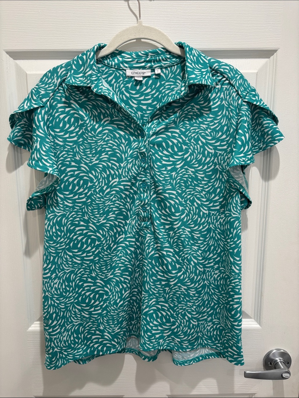 Chico’s Short Sleeve Polo Top with Flounce Sleeves Teal and White Athletic
